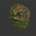 Traditional Red Carved Mask With Intricate Facial Patterns And Textured Details