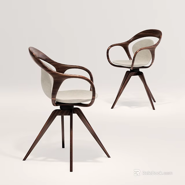 Modern Leisure Chair with Curved Wooden Armrests Light Upholstery and Three Legged Base 3d model 