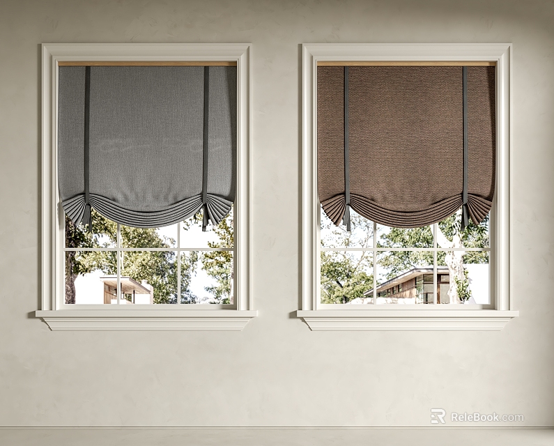 Gray And Brown Roman Shades With Scalloped Trim On White Frame Windows 3d model 