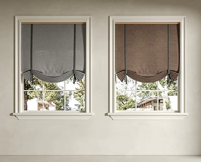 Gray And Brown Roman Shades With Scalloped Trim On White Frame Windows 3d model
