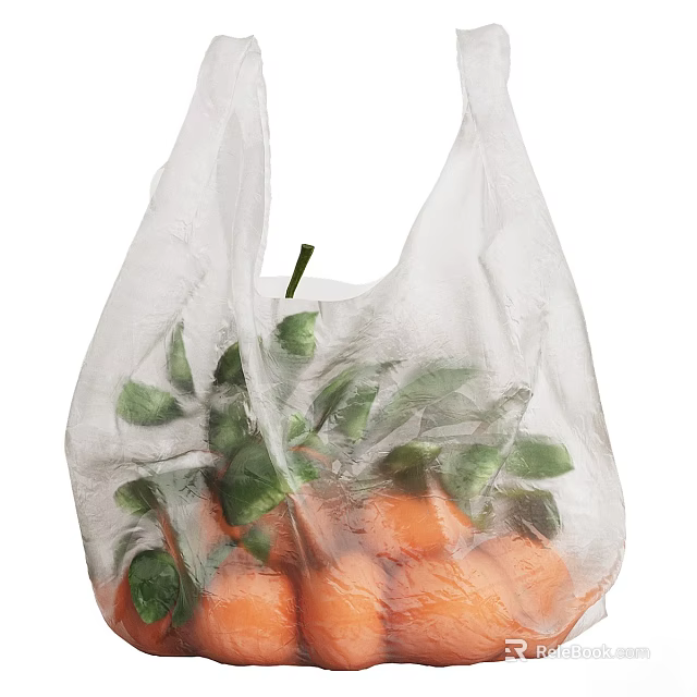 Fresh Ripe Oranges with Green Leaves Packed in Transparent Plastic Bag 3d model 