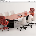 Brown Conference Table With Red And Gray Mesh Chairs Laptop And Box