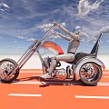 Custom Chopper Motorcycle With Long Forks Helmeted Rider On Orange Track White Lines Blue Sky