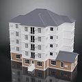 Colorful Cartoon Scene of Multi Story Building with White Brown Exterior and Gray Roof