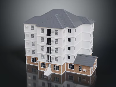 Colorful Cartoon Scene of Multi Story Building with White Brown Exterior and Gray Roof 3d model