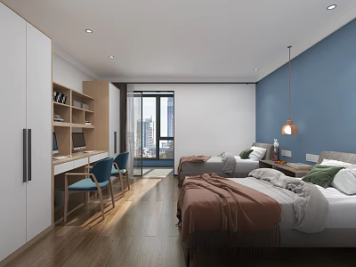 School Dormitory Interior With Twin Beds Study Desks Bookshelves And Large Window 3d model