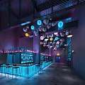 Modern Bar Interior With Colorful Lighting Bar Counter High Stools And Dining Tables