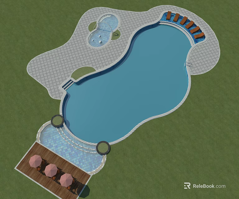 Water Fountain Design with Swimming Pool Paved Area Sun Loungers and Umbrellas 3d model 