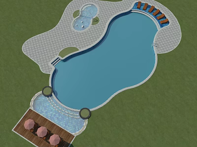 Water Fountain Design with Swimming Pool Paved Area Sun Loungers and Umbrellas 3d model