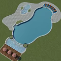 Water Fountain Design with Swimming Pool Paved Area Sun Loungers and Umbrellas