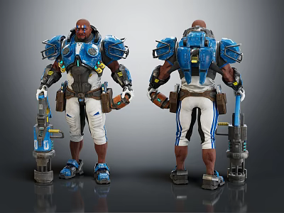Futuristic Armored Character With Blue Mechanical Armor White Pants And Tool Weapon 3d model