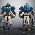 Futuristic Armored Character With Blue Mechanical Armor White Pants And Tool Weapon