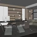 Modern Office Interior Design With Shelves Desk Computer Sofa And Lighting 3d model