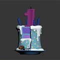 Birthday Cake With Number 1 Candle Small Candles Colorful Polka Dots Sliced Piece And Knife
