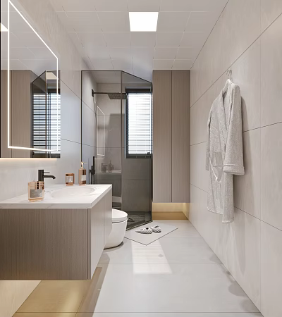 Modern Minimalist Bathroom Design With Vanity Bathrobe And Tiled Walls 3d model