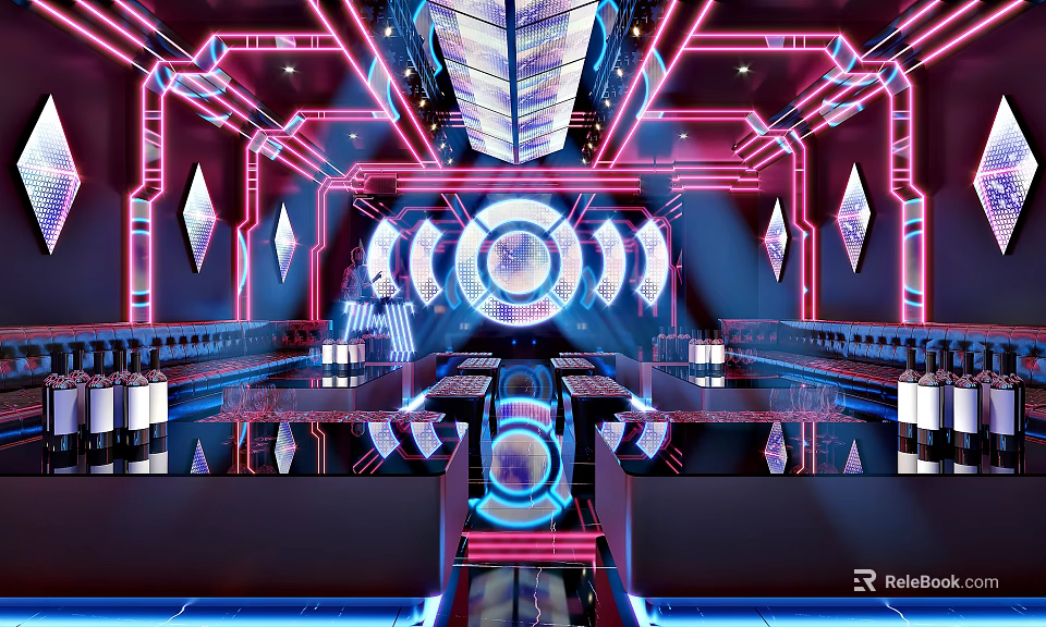 Modern KTV Lounge Interior With Neon Lights Futuristic Design Central Circular Decor And Reflective Surfaces 3d model 