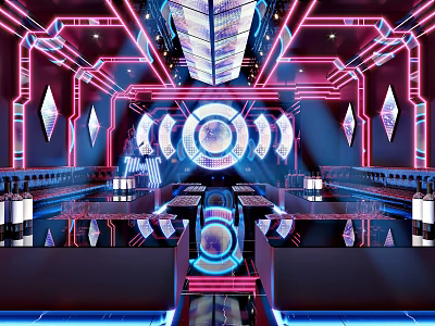 Modern KTV Lounge Interior With Neon Lights Futuristic Design Central Circular Decor And Reflective Surfaces 3d model