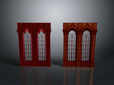 Red Classical Arched Doors with Glass Panels and Intricate Carved Patterns 3d model
