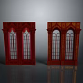Red Classical Arched Doors with Glass Panels and Intricate Carved Patterns 3d model