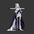 Game Character Wearing Purple White Outfit With Silver Hair Yellow Eyes Long Cape Black Stockings