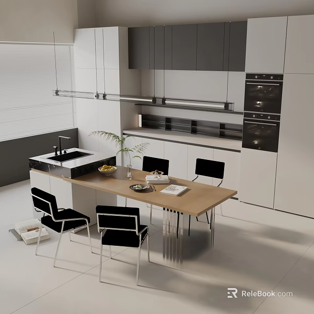 Modern Open Kitchen Featuring Wooden Dining Table Set With Four Black Chairs 3d model