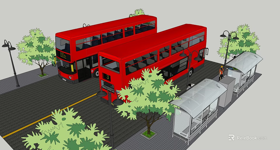 Bus Stop Shelter With Red Double Decker Buses Trees and Street Lamps 3d model 