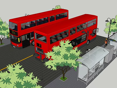 Bus Stop Shelter With Red Double Decker Buses Trees and Street Lamps 3d model