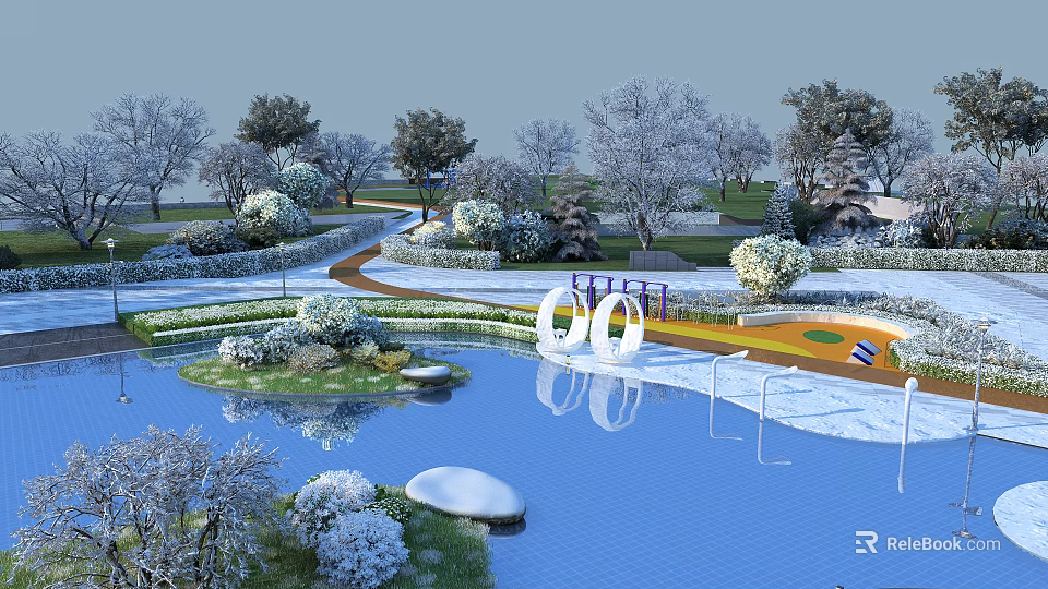 Scenic Landscape With Calm Water Reflections Green Trees Curved Path And White Sculptures 3d model 