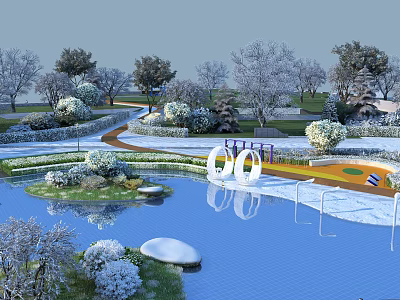 Scenic Landscape With Calm Water Reflections Green Trees Curved Path And White Sculptures 3d model