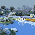 Scenic Landscape With Calm Water Reflections Green Trees Curved Path And White Sculptures