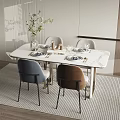 Modern Dining Table Set With Marble Top Gray Brown Chairs And Green Plant Vase