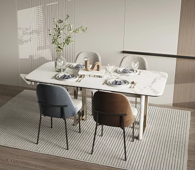 Modern Dining Table Set With Marble Top Gray Brown Chairs And Green Plant Vase 3d model