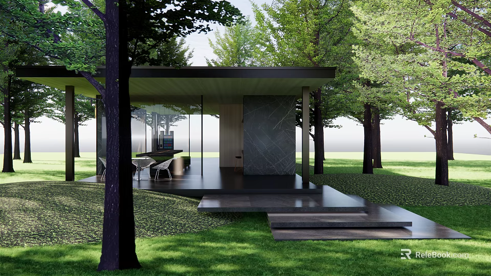 Modern Outdoor Glass Pavilion With Black Roof Surrounded by Trees and Green Lawn 3d model 