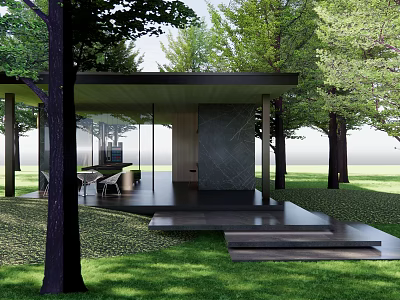 Modern Outdoor Glass Pavilion With Black Roof Surrounded by Trees and Green Lawn 3d model