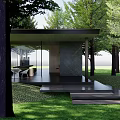 Modern Outdoor Glass Pavilion With Black Roof Surrounded by Trees and Green Lawn