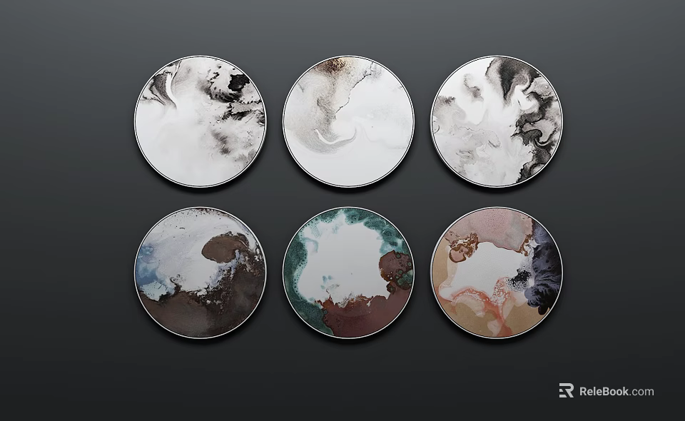 Abstract Circular Framed Paintings With Multicolored Ink Patterns For Wall Decor 3d model