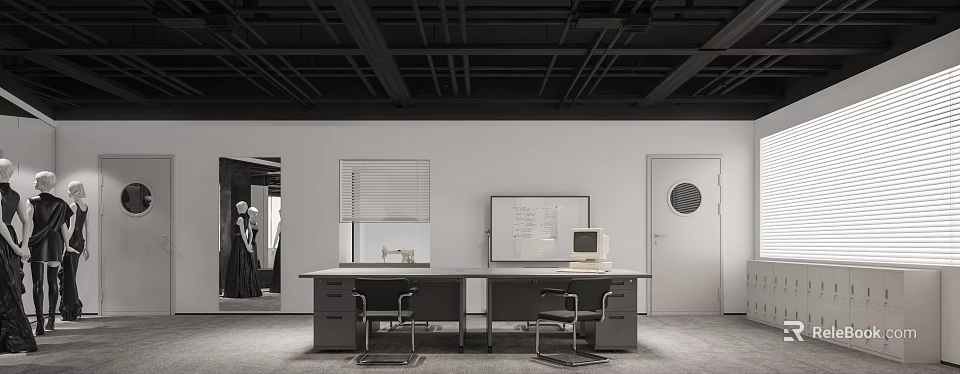 Modern Public Office Space with Long Desk Chairs Computer Whiteboard Windows and Door 3d model 