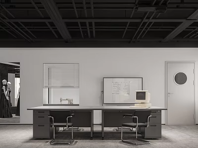 Modern Public Office Space with Long Desk Chairs Computer Whiteboard Windows and Door 3d model