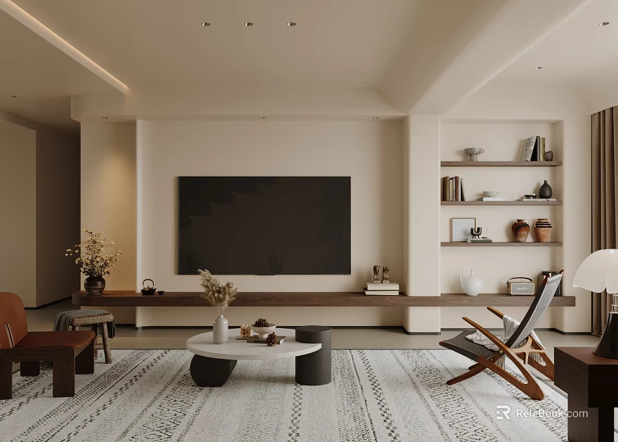Modern Living Room With Large TV Wooden Stand Patterned Rug Armchair And Decorative Shelves 3d model 