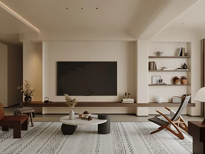 Modern Living Room With Large TV Wooden Stand Patterned Rug Armchair And Decorative Shelves 3d model