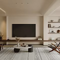 Modern Living Room With Large TV Wooden Stand Patterned Rug Armchair And Decorative Shelves