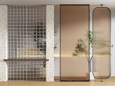 Modern Partition Screens Featuring Grid Brown Translucent And Oval Designs With Indoor Plants In Interior 3d model