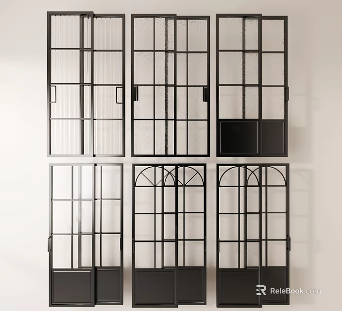 Different Sliding Door Designs With Black Frames Glass Panels And Grid Patterns 3d model