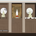 Wooden Buddhist Shrine Cabinet with Circular Decor and Buddha Statue in Minimalist Interior