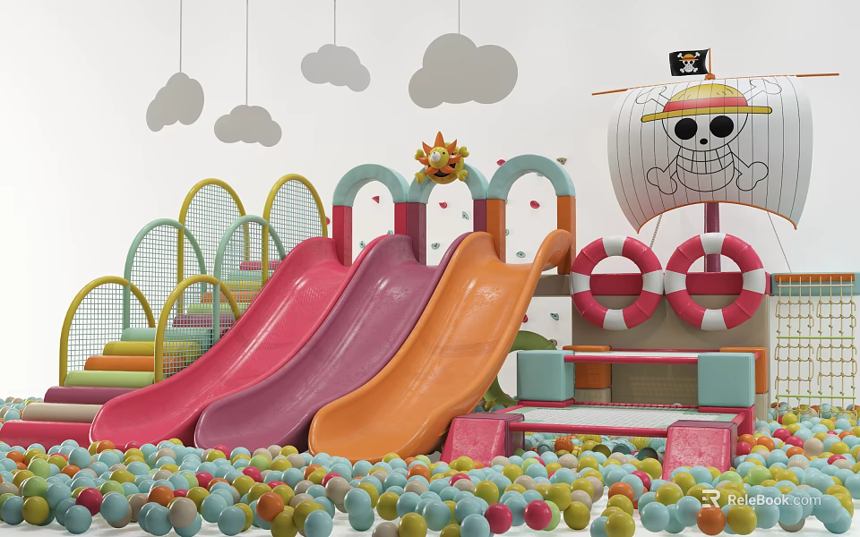 Colorful Playground Equipment With Slides Ball Pool Pirate Ship And Cloud Sun Decorations 3d model 