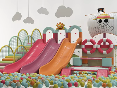 Colorful Playground Equipment With Slides Ball Pool Pirate Ship And Cloud Sun Decorations 3d model