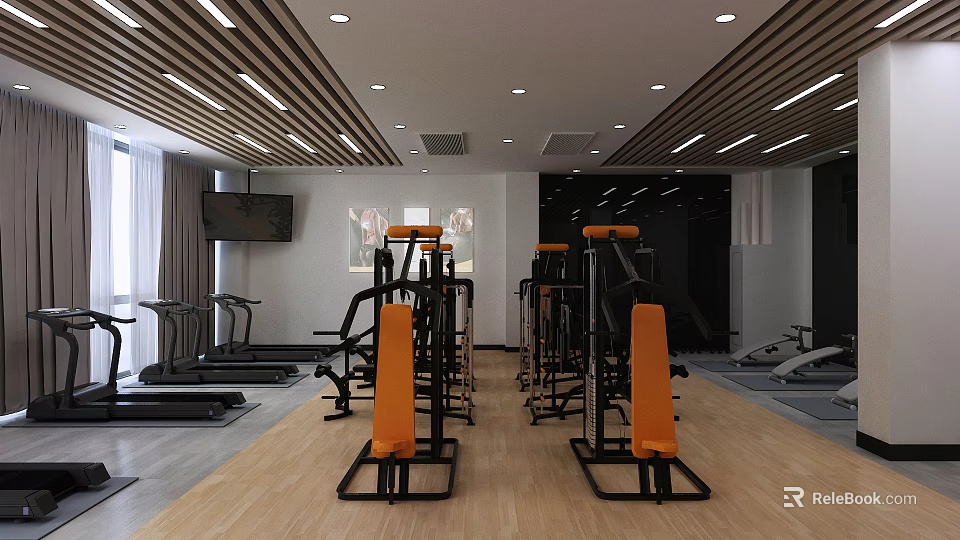 Modern Fitness Gym Interior With Treadmills Dumbbell Racks And Wooden Flooring 3d model 