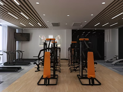 Modern Fitness Gym Interior With Treadmills Dumbbell Racks And Wooden Flooring 3d model