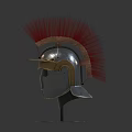 Antique Roman Helmet With Red Feather Crest On Brass Stand