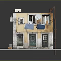 Detailed Model Building Featuring Yellow Walls Green Doors Windows Balcony Hanging Blue Cloth Ladder Structure
